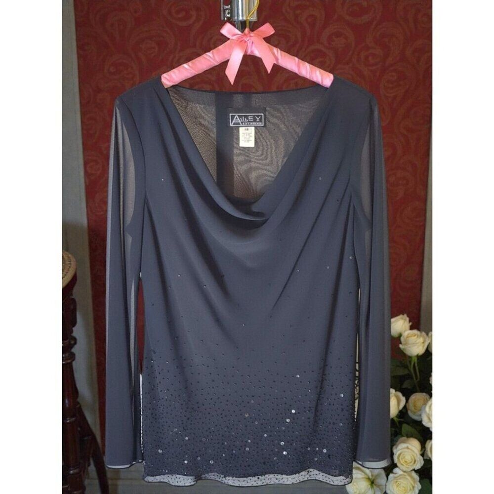 Alex Evenings Beaded Cowl Neck Top Women's 14 Black Sheer Mesh Evening
